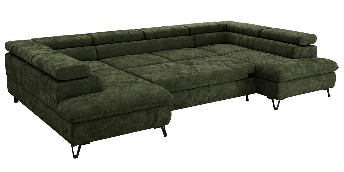 WOHNLANDSCHAFT PABLO U Schenille glatt Dunkelgrün mit Topper T25 - Dunkelgrün/Schwarz, Textil/Metall (346/76/208cm) - MKS