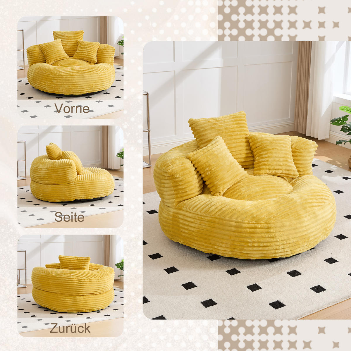 SITZSACK in Chenille mit 3 Kissen - Gelb, Textil (108/52/108cm) - Urban Meuble