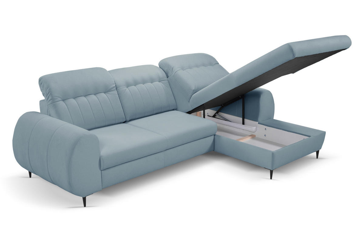 ECKSOFA PURO R-S Blau Plüsch-Stoff mit Schlaffunktion - Blau, Holz (275/166cm) - MASSENO