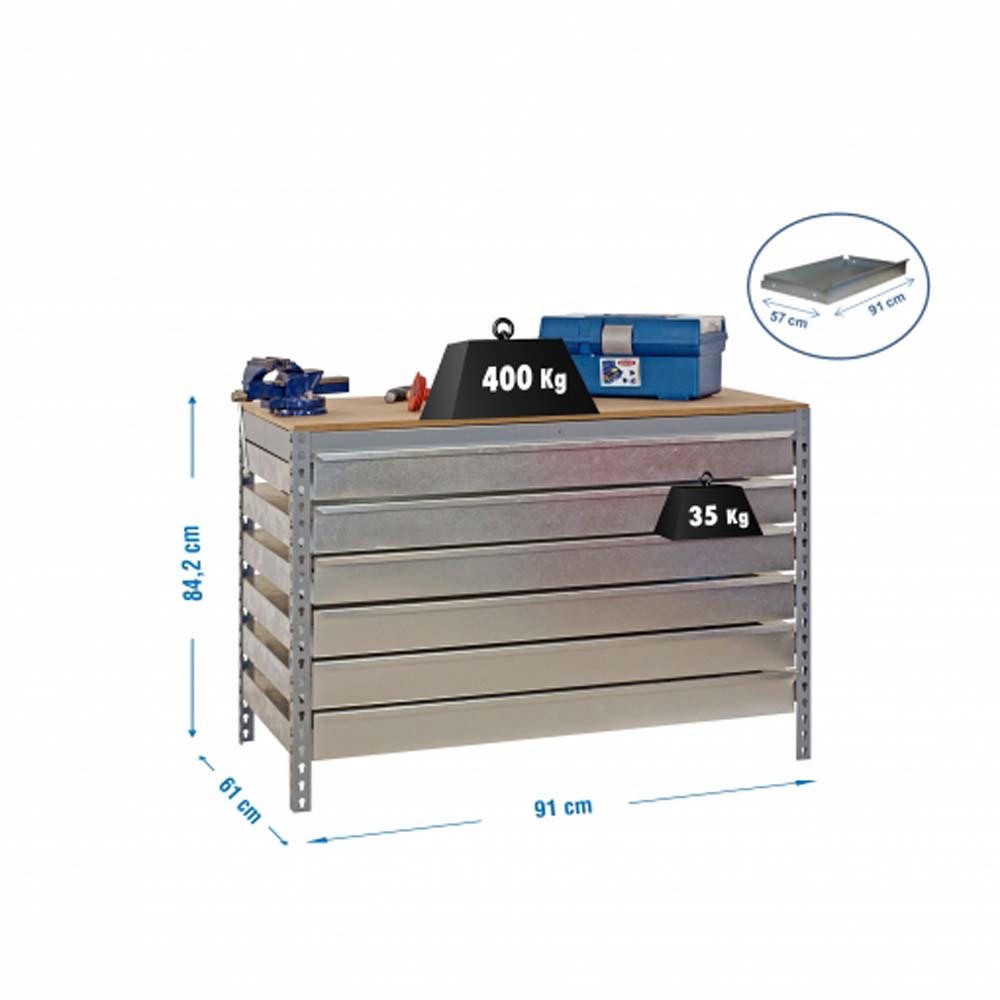 WERKBANK BUFFALO mit Schubfächern | HxBxT 84x90x61cm | Traglast 600kg | Grau - Grau, Metall (90/84/76cm) - PROREGAL
