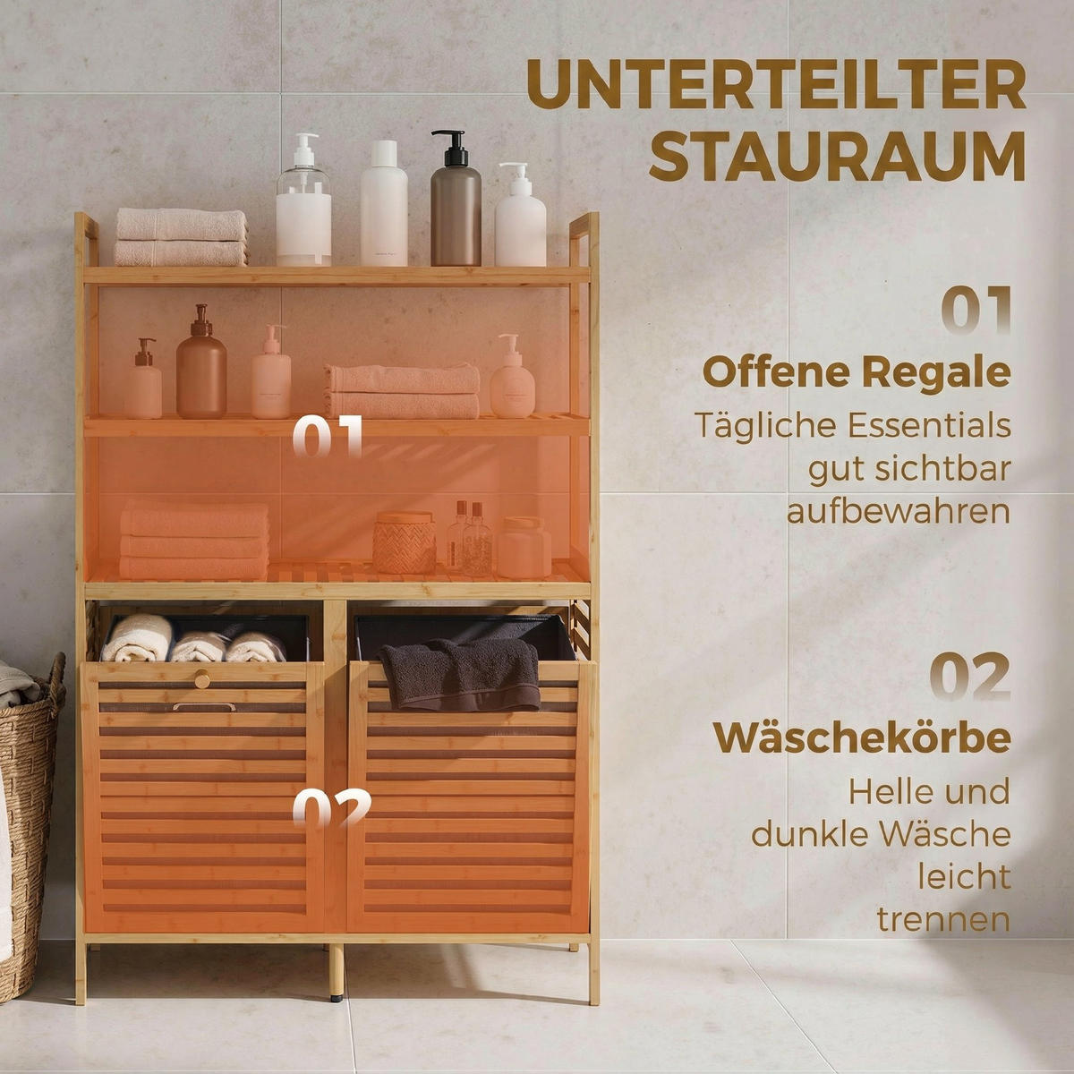 WÄSCHESCHRANK Bambus Vliesstoff Eiche - Eichefarben/Goldfarben, Naturmaterialien/Holz (30/118/80cm) - HOMCOM
