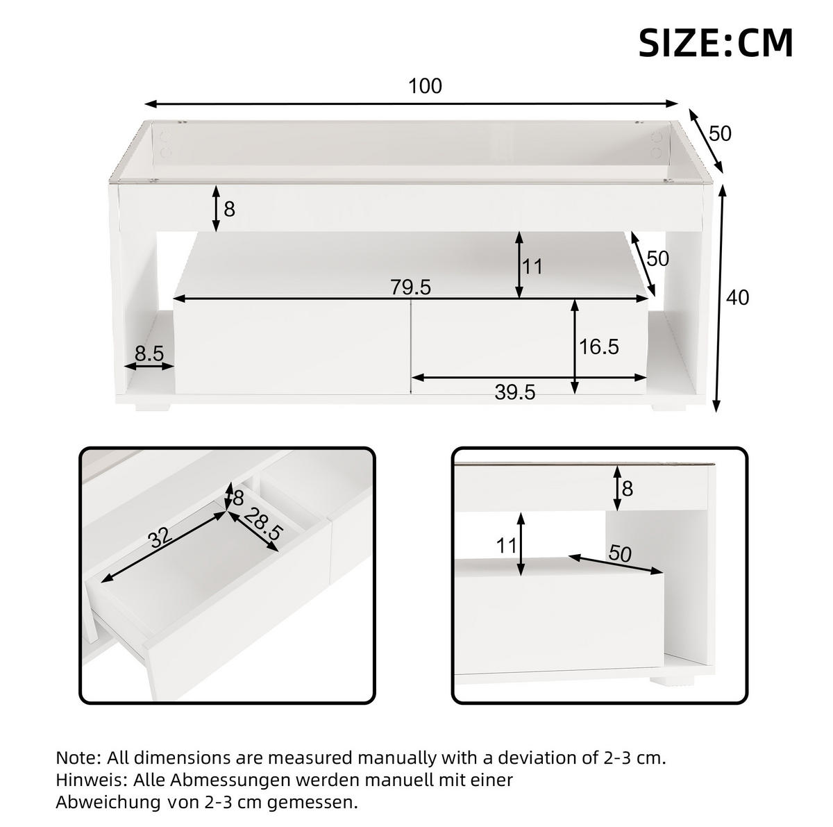 COUCHTISCH mit LED 100 x 50 x 40 cm Weiß mit 2 Schubladen - Weiß, Holzwerkstoff (100/50/40cm) - Meubliv