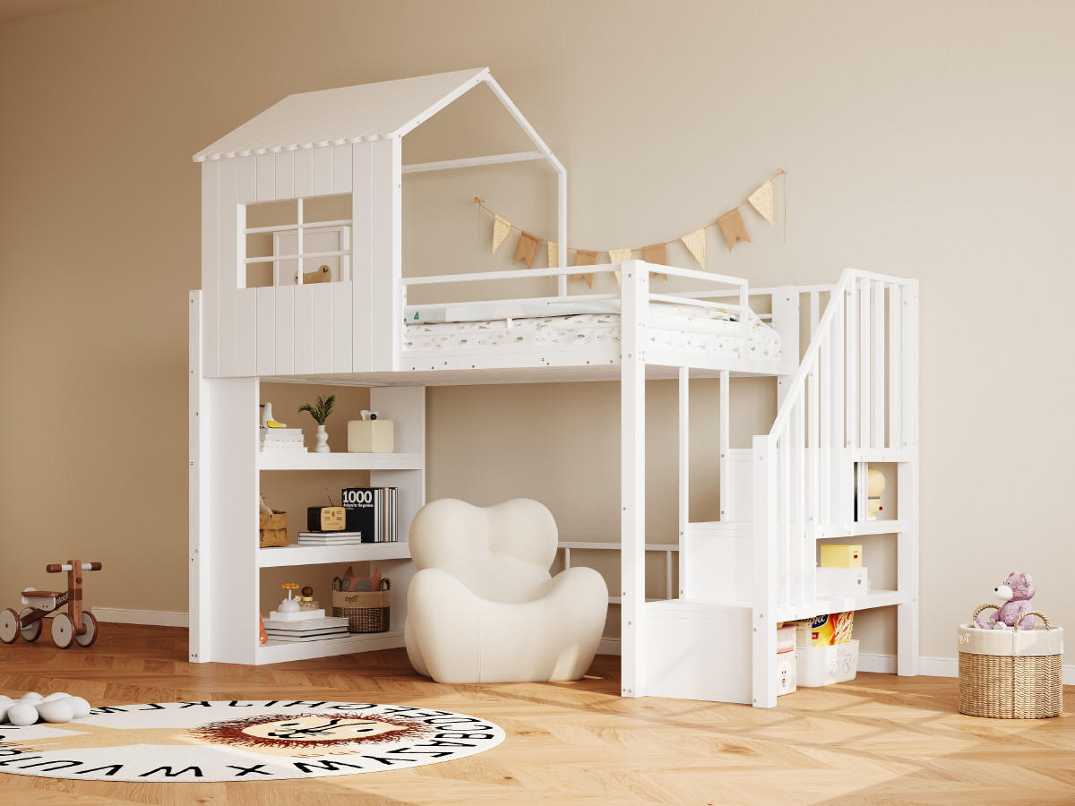 HOCHBETT 90/200 cm in Weiß mit Treppe, Regal und Stauraum aus MDF und Metall - Weiß, Holzwerkstoff/Metall (90/200cm) - CHICFURN