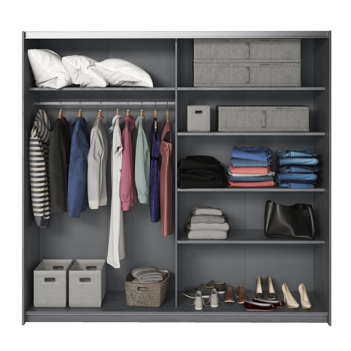 SCHWEBETÜRENSCHRANK COSMICO 220/210/61 cm 2-türig mit Spiegel Hellgrau - Hellgrau, Holzwerkstoff (220/210/61cm) - MASSENO