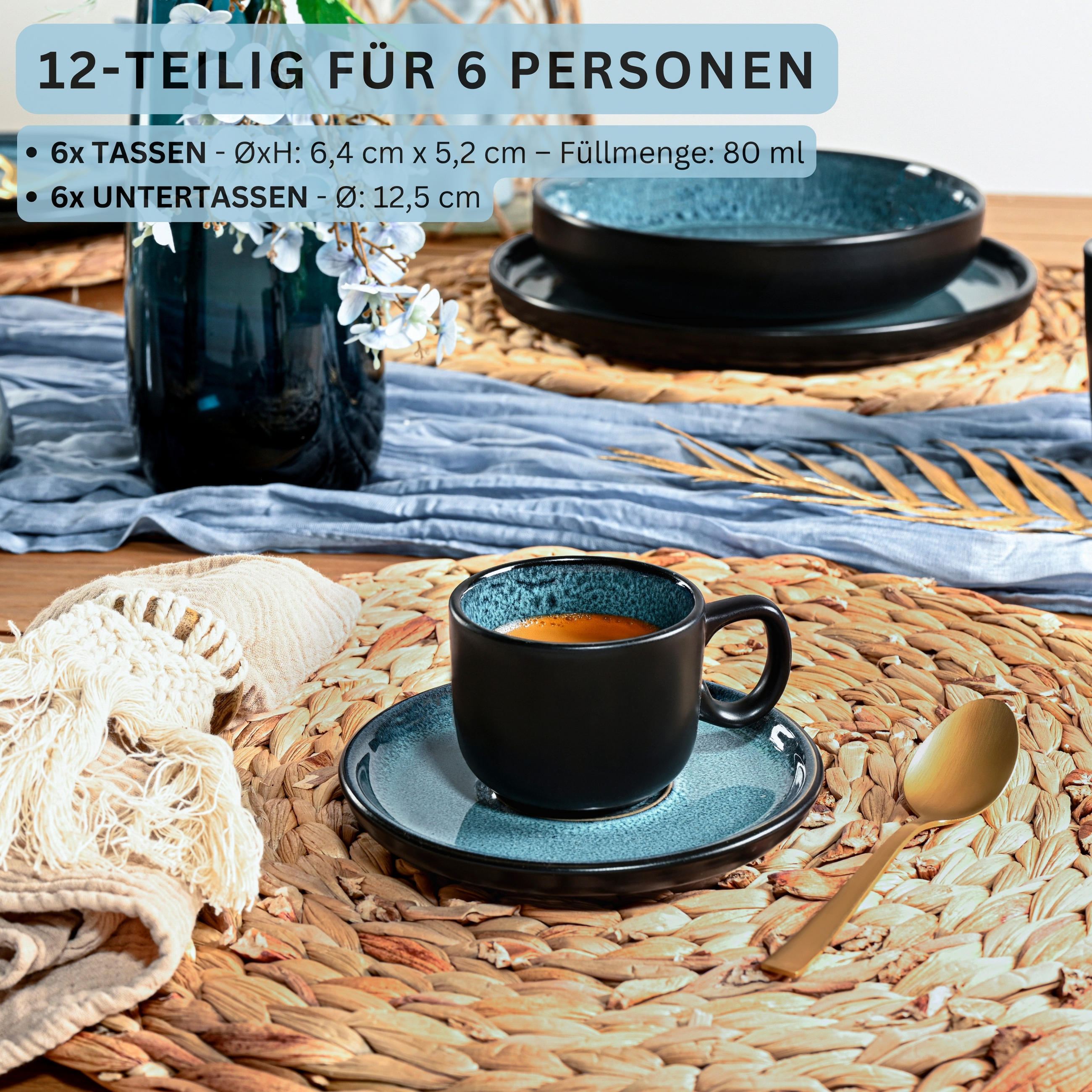 ESPRESSOTASSEN SET VIGO - 12 teilig aus Steingut - Blau, Stein (0.08L) - Sänger