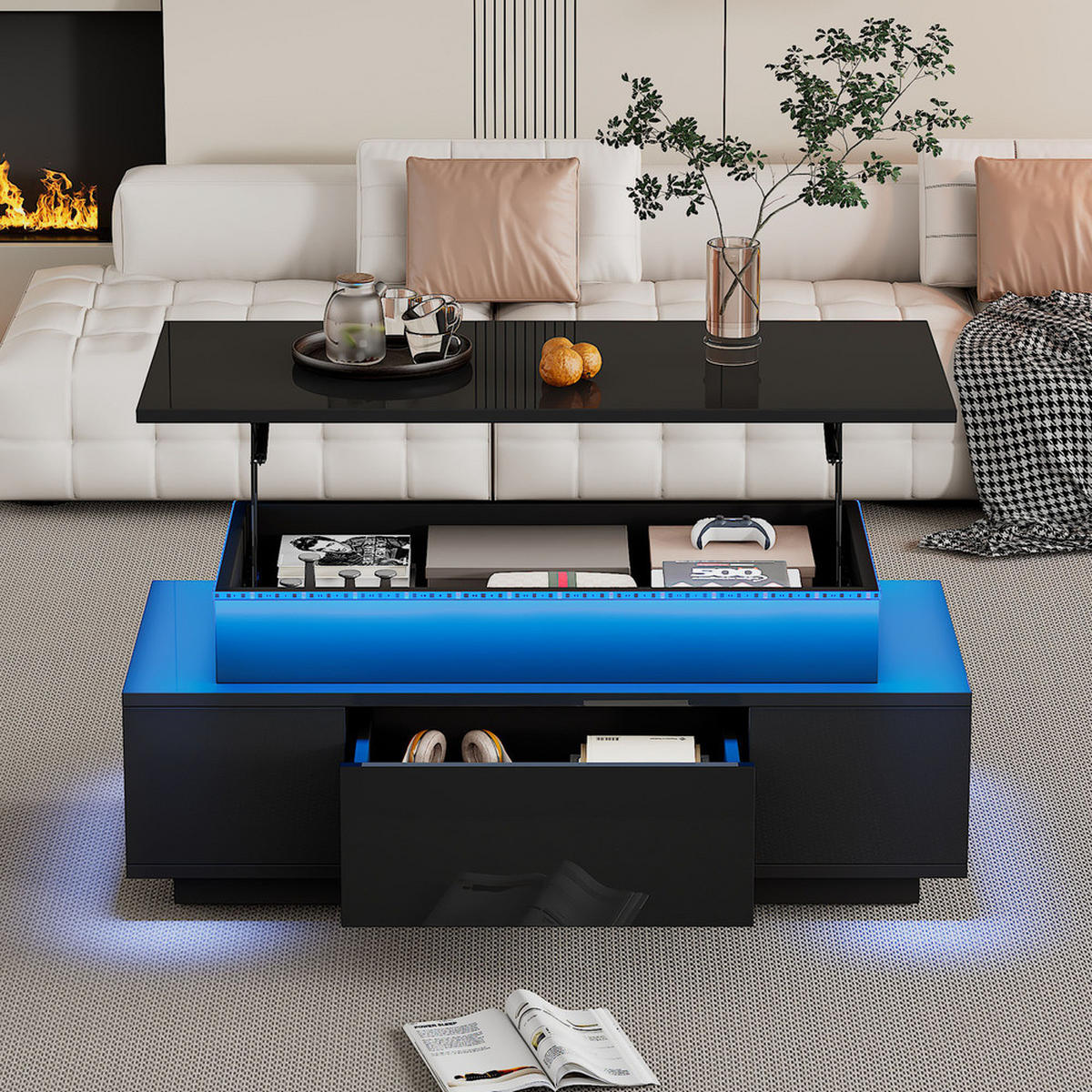 COUCHTISCH 96x45cm Schwarz Hochglanz Höhenverstellbar LED Schublade - Schwarz, Holz (109.86/57.15/17.78cm) - FLIEKS