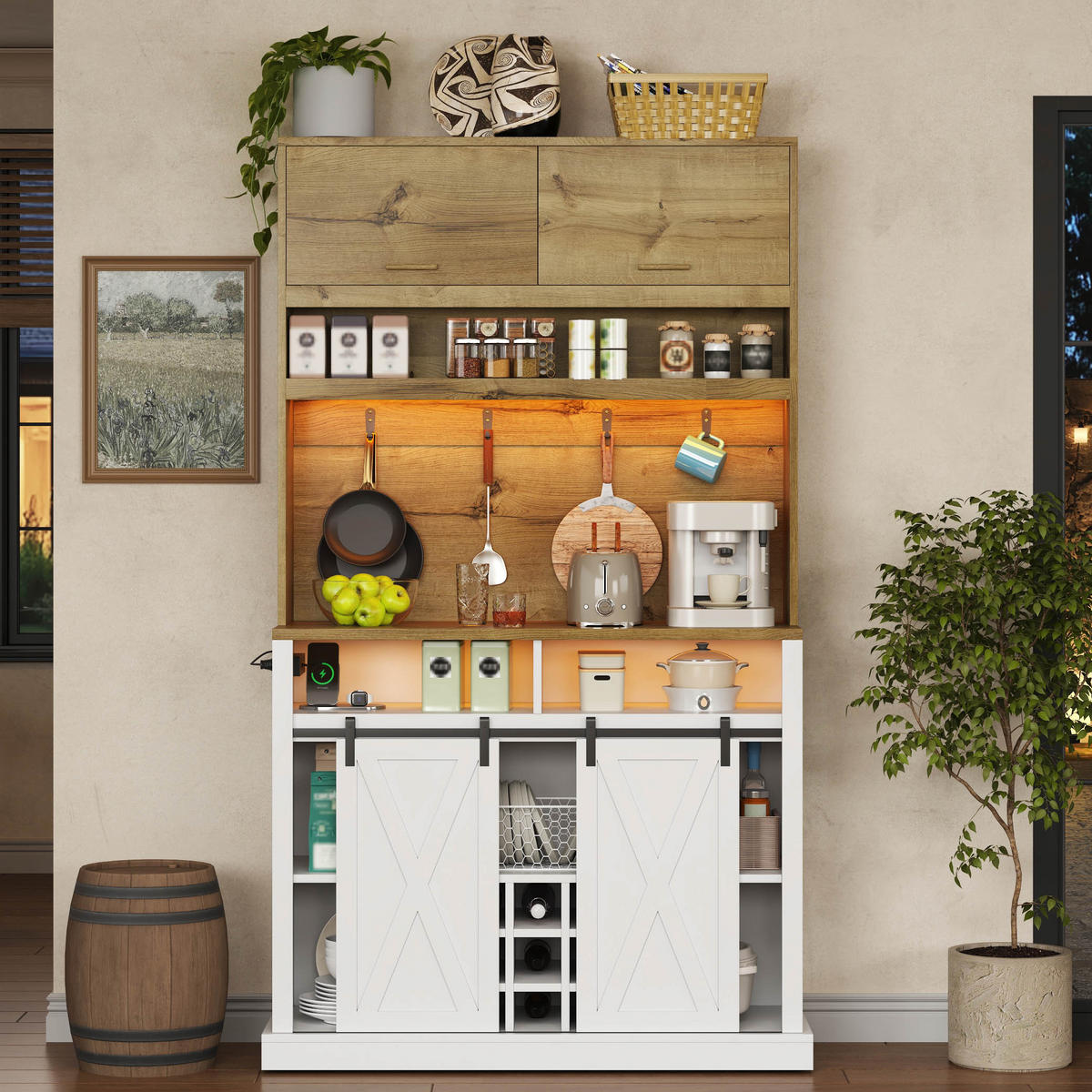 BUFFET 191 cm MDF Natur Weiß mit Vitrine, Weinregal und RGB-LED - Weiß, Holzwerkstoff (40/191/110cm) - Korfee