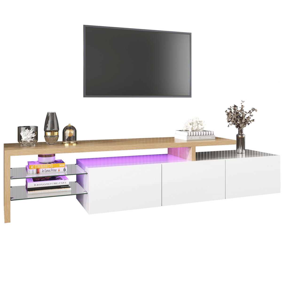 TV stolek 197,5/39/42 cm přírodní a bílá z MDF a skla s LED osvětlením a úložným prostorem - bílá, kompozitní dřevo (197.5/42/39cm) - OKWISH