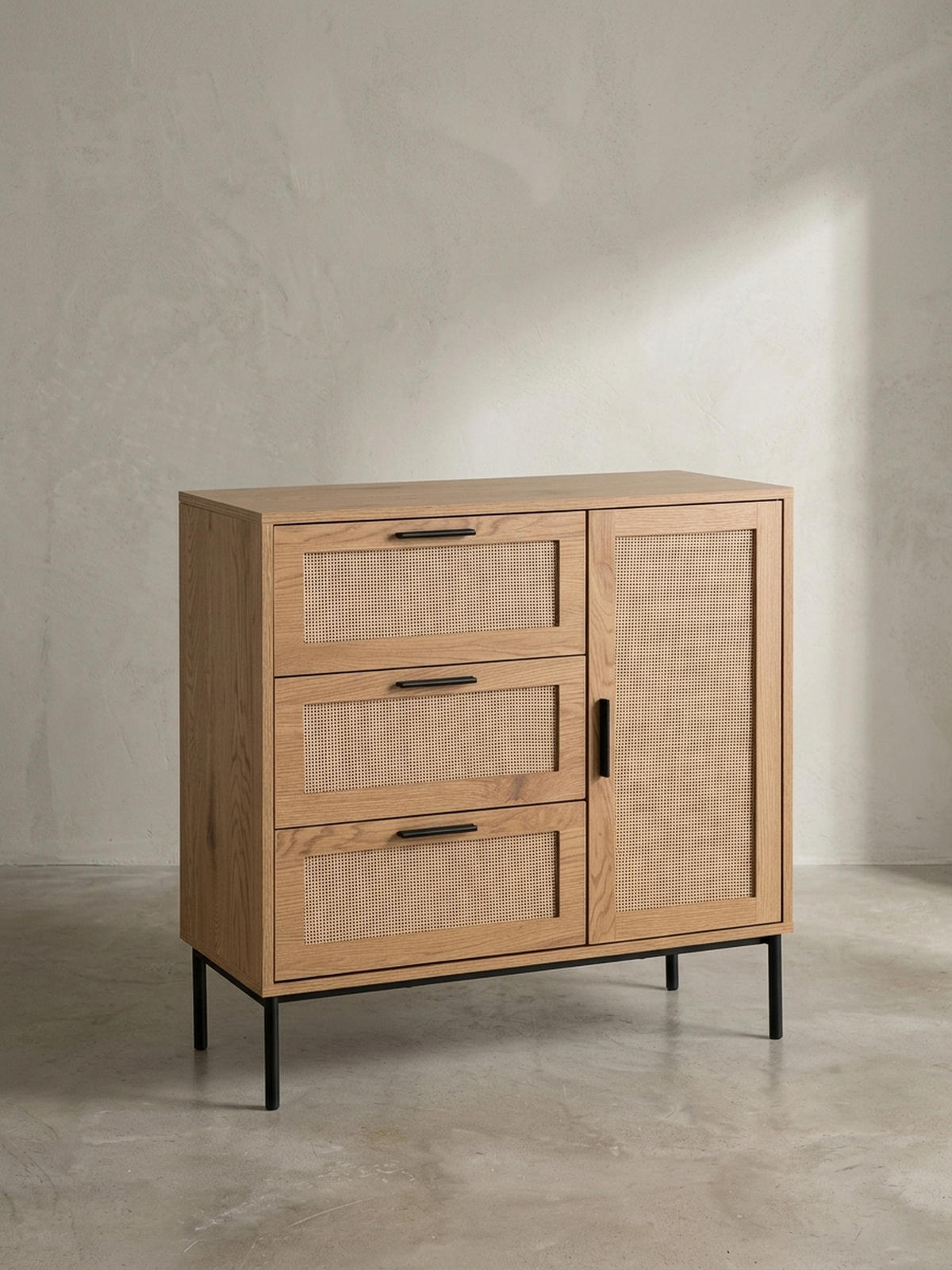 KOMMODE – Eiche-Dekor/Rattan, 80x82x36 cm, 3 Schubladen, 1 Tür, modern - Schwarz/Braun, Holzwerkstoff/Metall (80/82/36cm) - KADIMA DESIGN