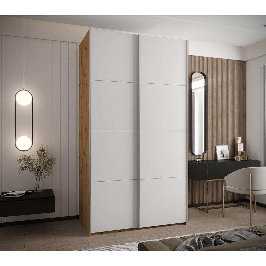 Thumbnail - Abiks Möbel Schwebetürenschrank, Eiche Artisan, Weiß, Silber, Metall, Nachbildung, 6 Fächer, 140x245x64 cm, Schlafzimmer...