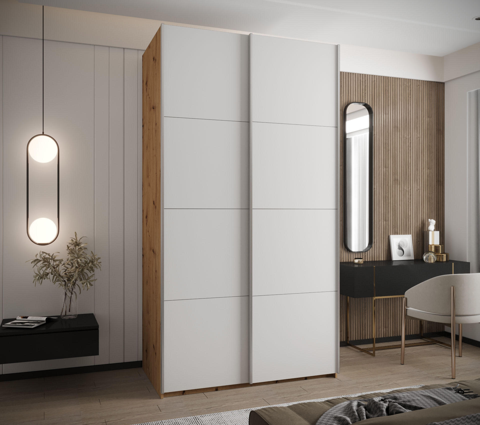 Thumbnail - Abiks Möbel Schwebetürenschrank, Eiche Artisan, Weiß, Silber, Metall, Nachbildung, 6 Fächer, 140x245x64 cm, Schlafzimmer...