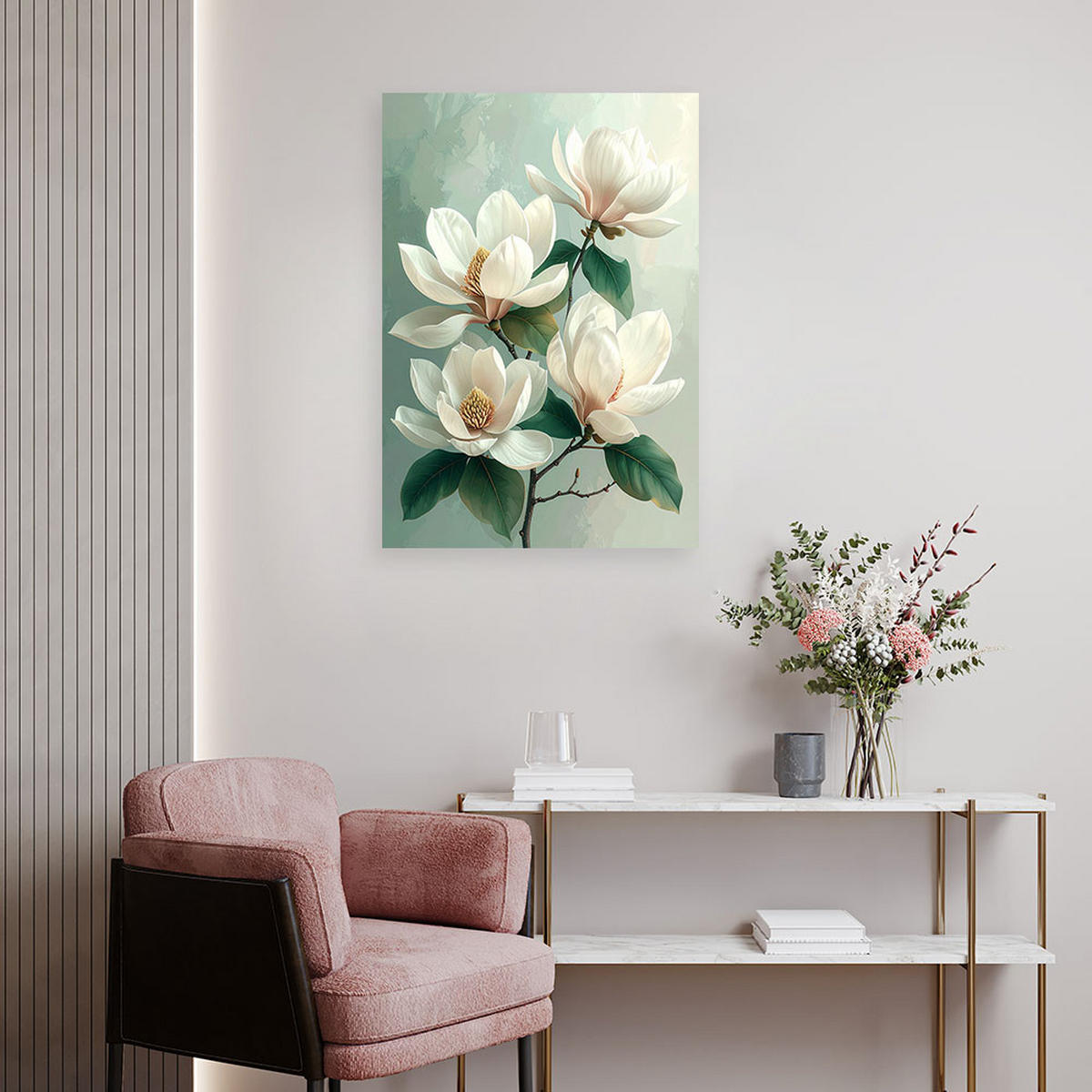 BILD auf Leinwand, Weiße Magnolien mit grünen Blättern auf mintfarbenem Hintergrund - Grün, Textil (70/100cm) - Feeby