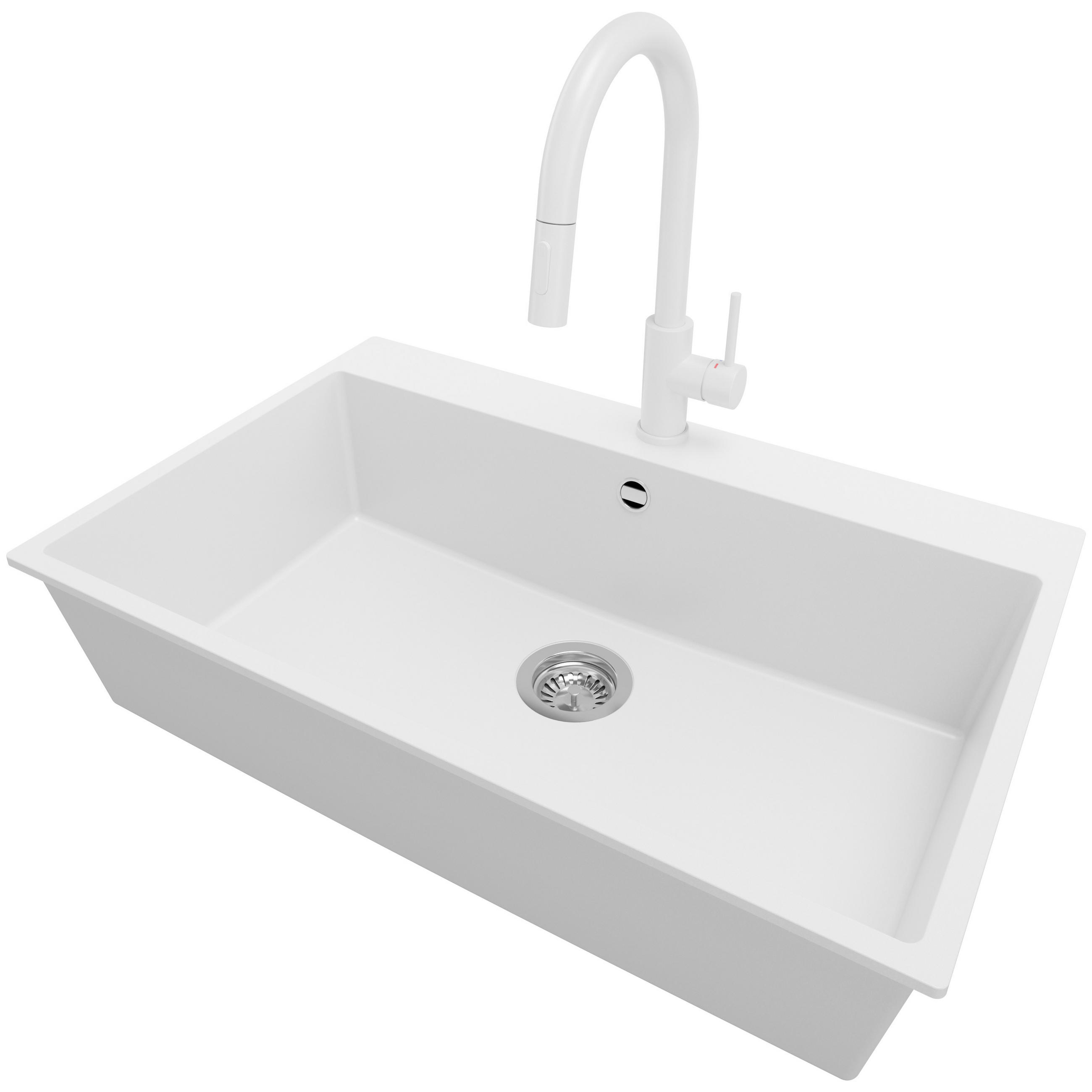 GRANITSPÜLE Riga, 2-er set Weiß 78/50 cm 1 Becken + Küchenarmatur 40/20 cm + Ablauf-Set ab 80er Unterschrank - Chromfarben/Weiß, Kunststoff (78/20/50cm) - Primagran