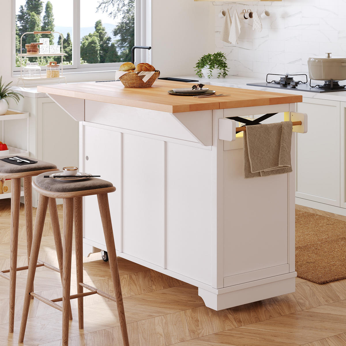 KÜCHENINSEL 120/43/98 cm Weiß aus MDF mit Klapptisch und LED - Weiß, Holzwerkstoff (120/98/43cm) - OKWISH