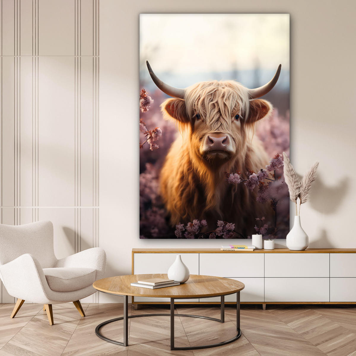 LEINWANDBILD Schottischer Hochländer - Frühling - Hochland Deko Groß 90x140 cm - Hellrosa, Textil (90/140cm) - MuchoWow