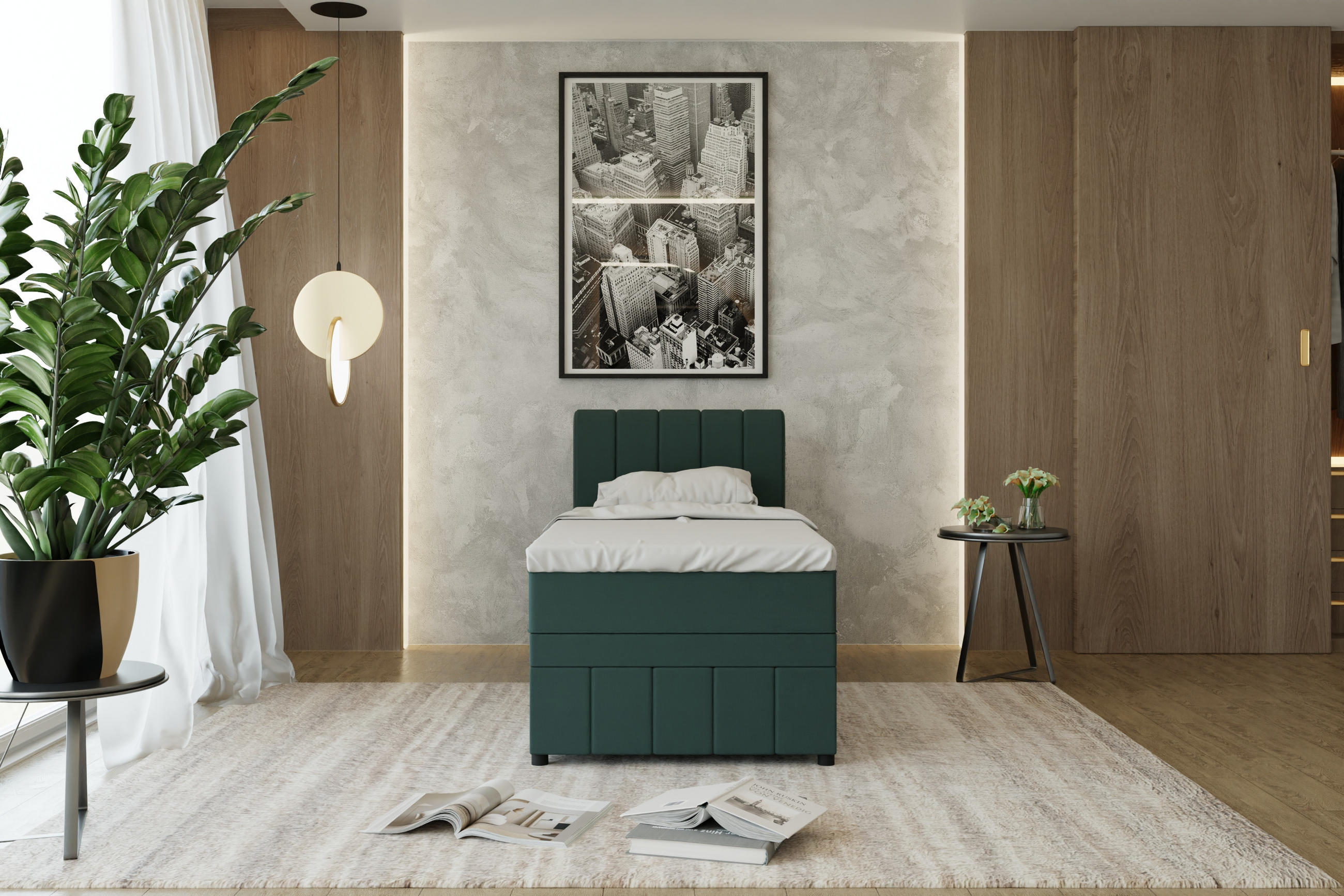 BOXBETT AVALON 90 x 200 cm mit Bettkasten und Topper - Dunkelgrün - Dunkelgrün, Holz - Panda Möbel