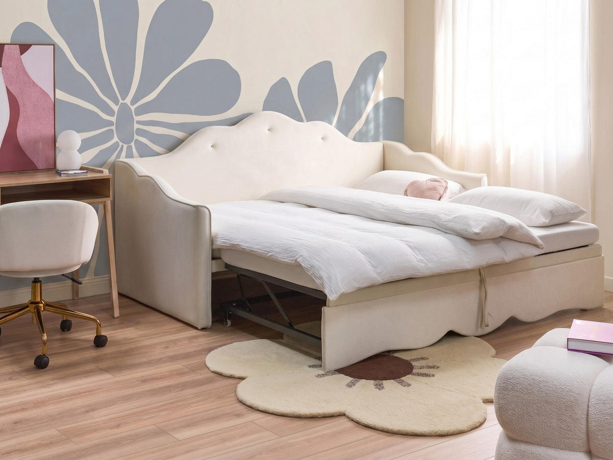 VYSOUVACÍ POSTEL Sametová látka 90/200 cm Světle béžová Lorette - béžová, textil (90/200cm) - Beliani