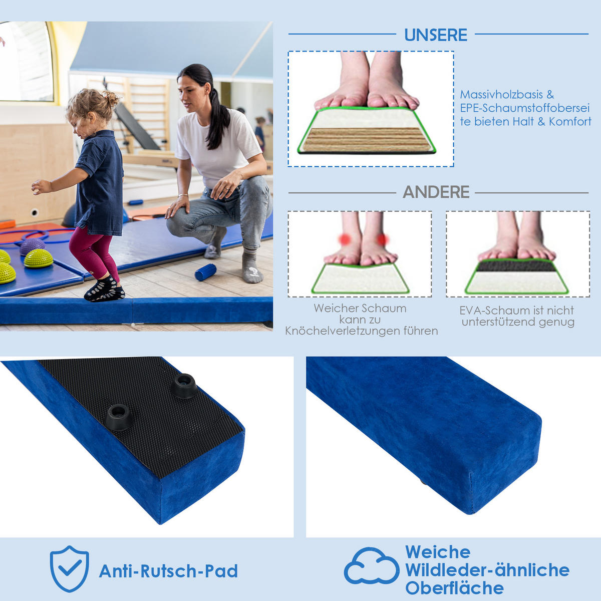 GYMNASTIKBALKEN klappbarer 210 cm Blau - Blau, Holz (10/210cm) - COSTWAY