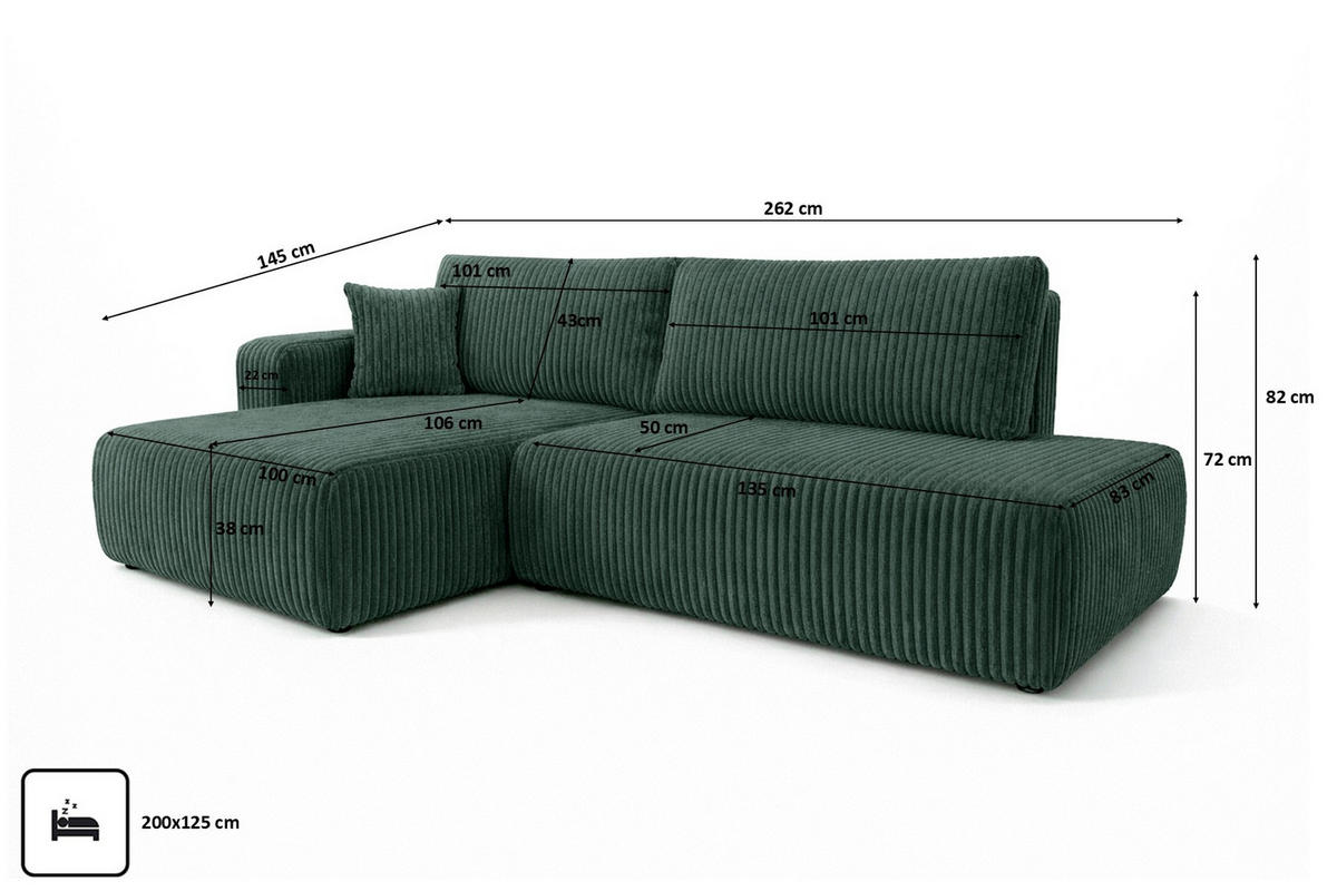 ECKSOFA Mit Schlaffunktion Und Bettkasten, Cordstoff Tilia, Grün, Links, OPEN XL - Grün, Holz (262/145cm) - Kaiser Möbel