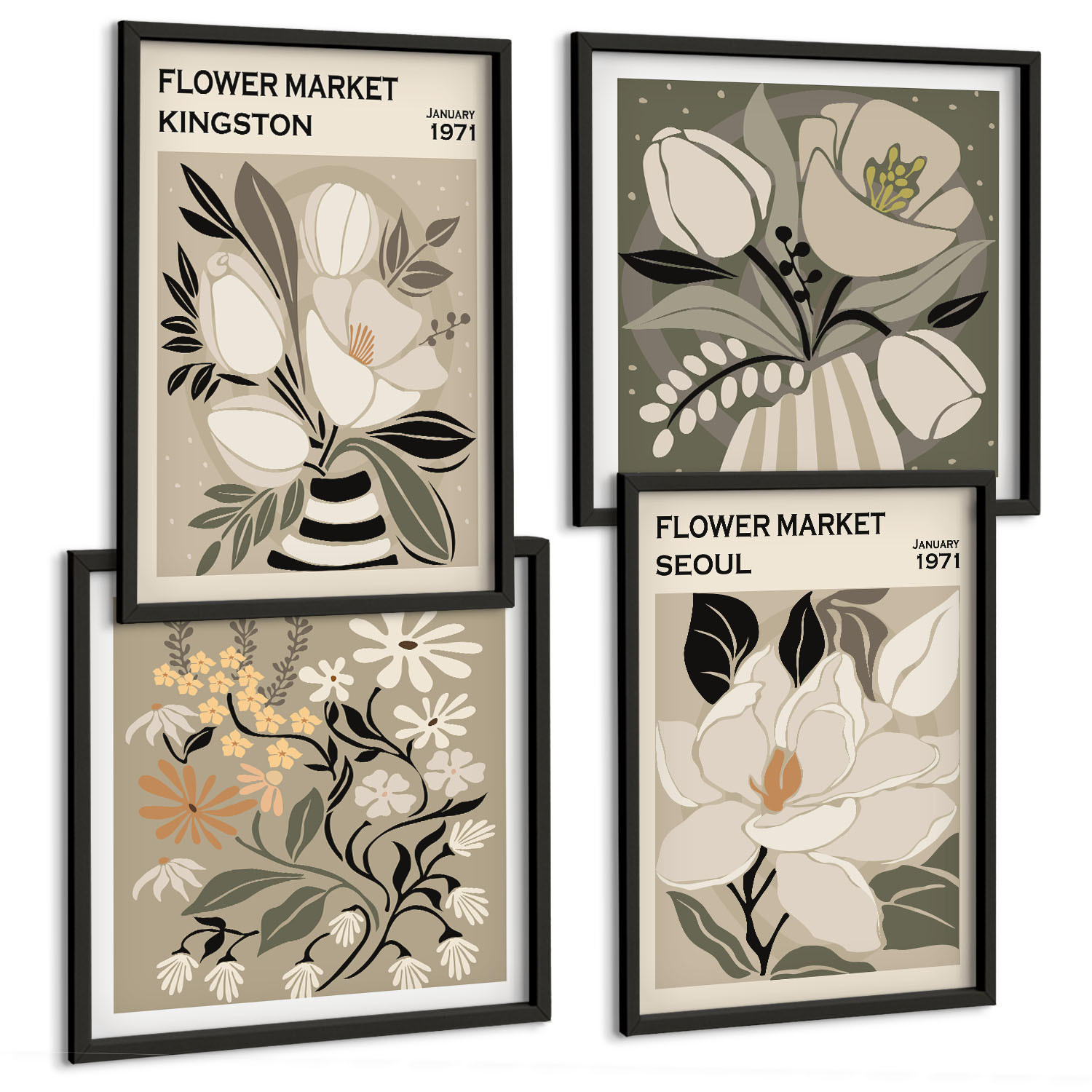 BILDER SET 4er Set - 50x50 cm & 40x60 cm Schwarzer Rahmen - Kingston Seoul Retro-Blumen - Schwarz, Kunststoff (50/50cm) - TULUP