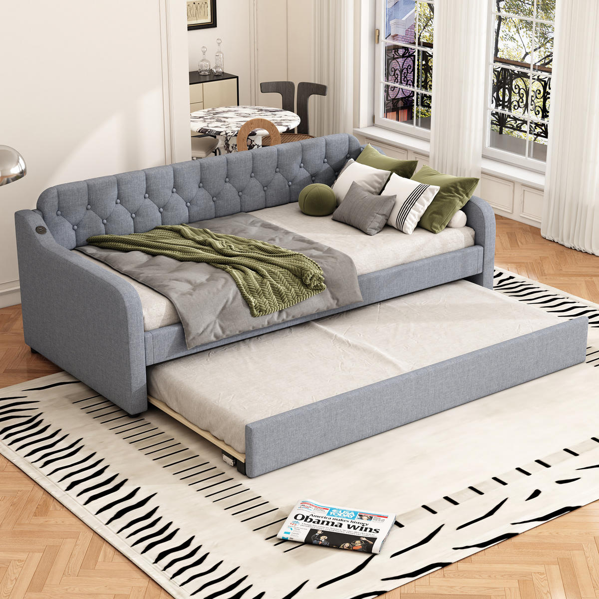 TAGESBETT 90/200 cm mit Ausziehbett, USB-Anschluss und Leinenbezug, Grau - Grau, Textil (90/200cm) - Redom
