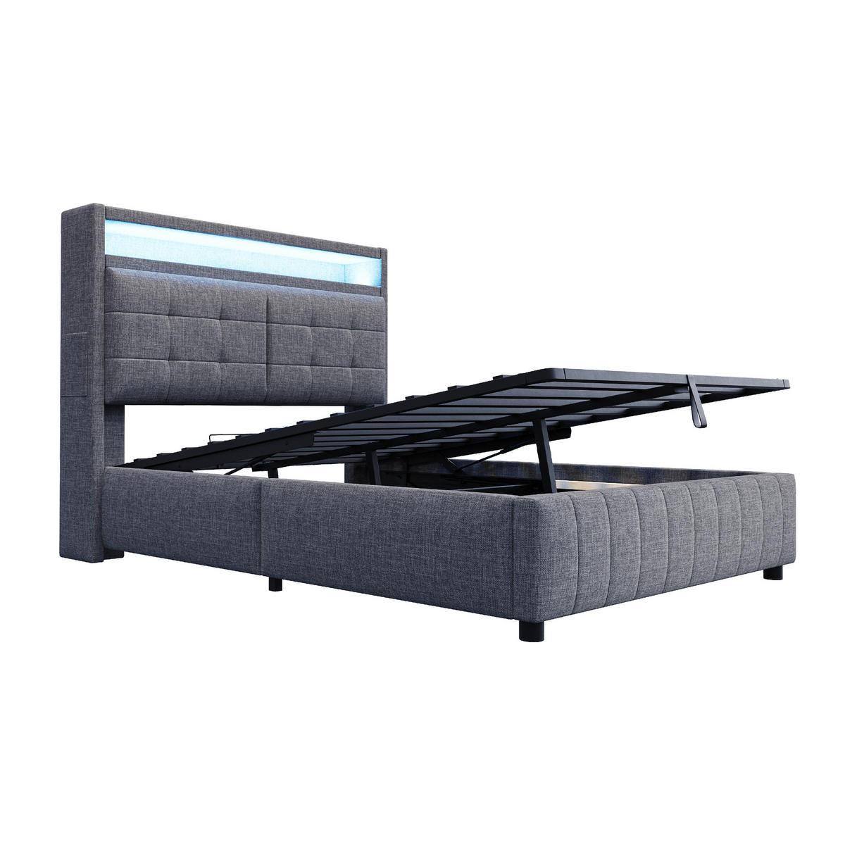 POLSTERBETT 140x200 cm Grau LED USB Stauraum Hydraulik Lattenrost - Grau, Holzwerkstoff - FLIEKS