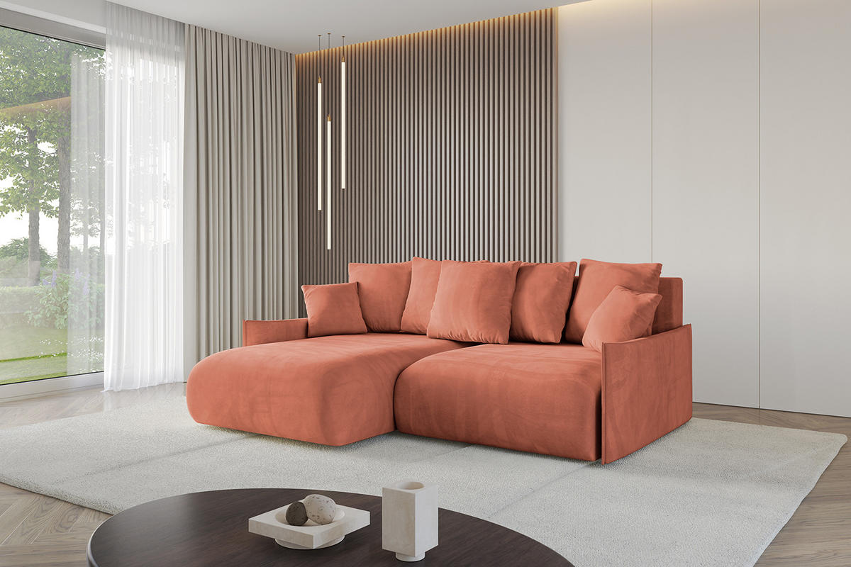 ECKSOFA mit Schlaffunktion und Bettkasten ONESK-L -v1 208x165x40 Apricot Velours - Koralle, Holzwerkstoff/Kunststoff (208/165cm) - ALTDECOR