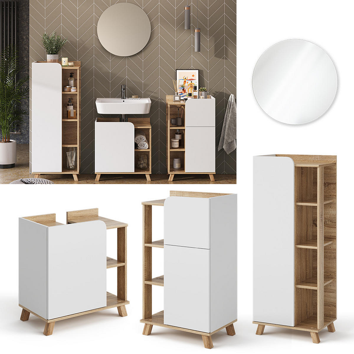 BADMÖBEL-SET Karen Sonoma/Weiß 4 Teile - Weiß/Sonoma Eiche, Holzwerkstoff (60/65/35cm) - Vicco