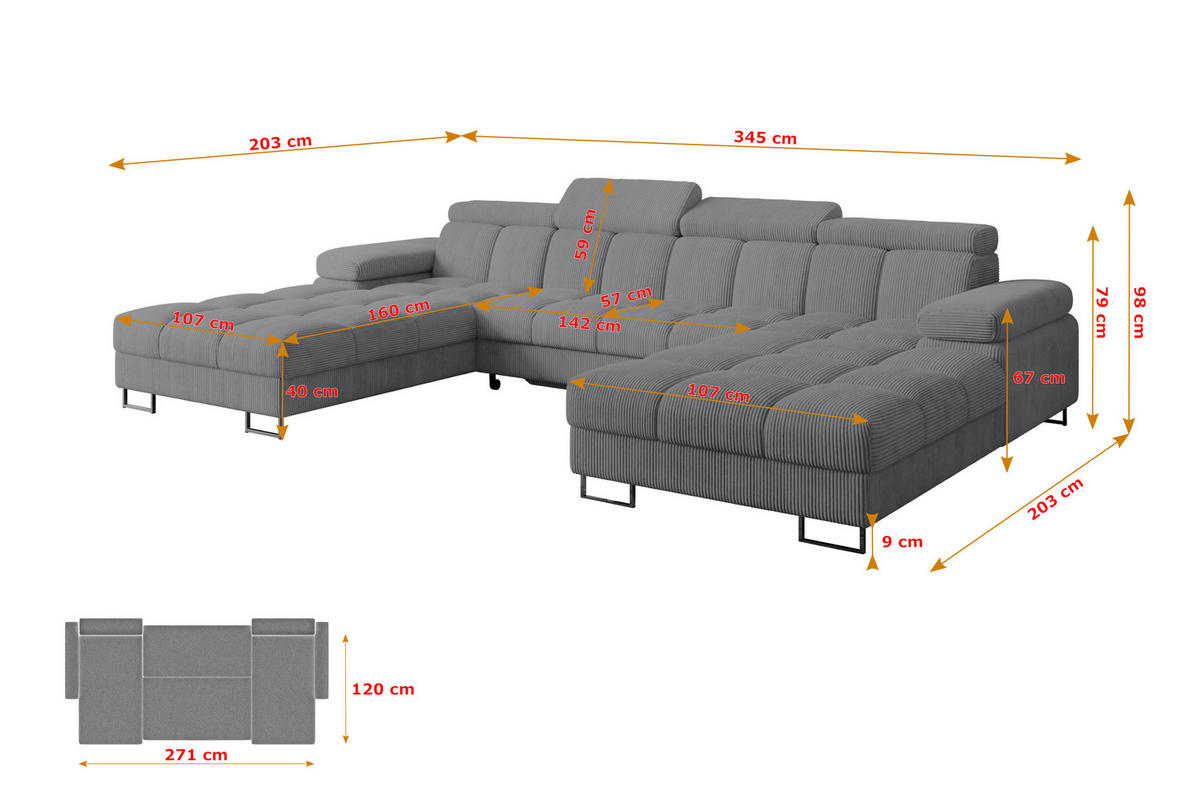 WOHNLANDSCHAFT mit Schlaffunktion und Bettkasten COMA U2 345x203x79 Dunkelgrau Cord - Graphitfarben, Holzwerkstoff/Textil (345/79/203cm) - ALTDECOR
