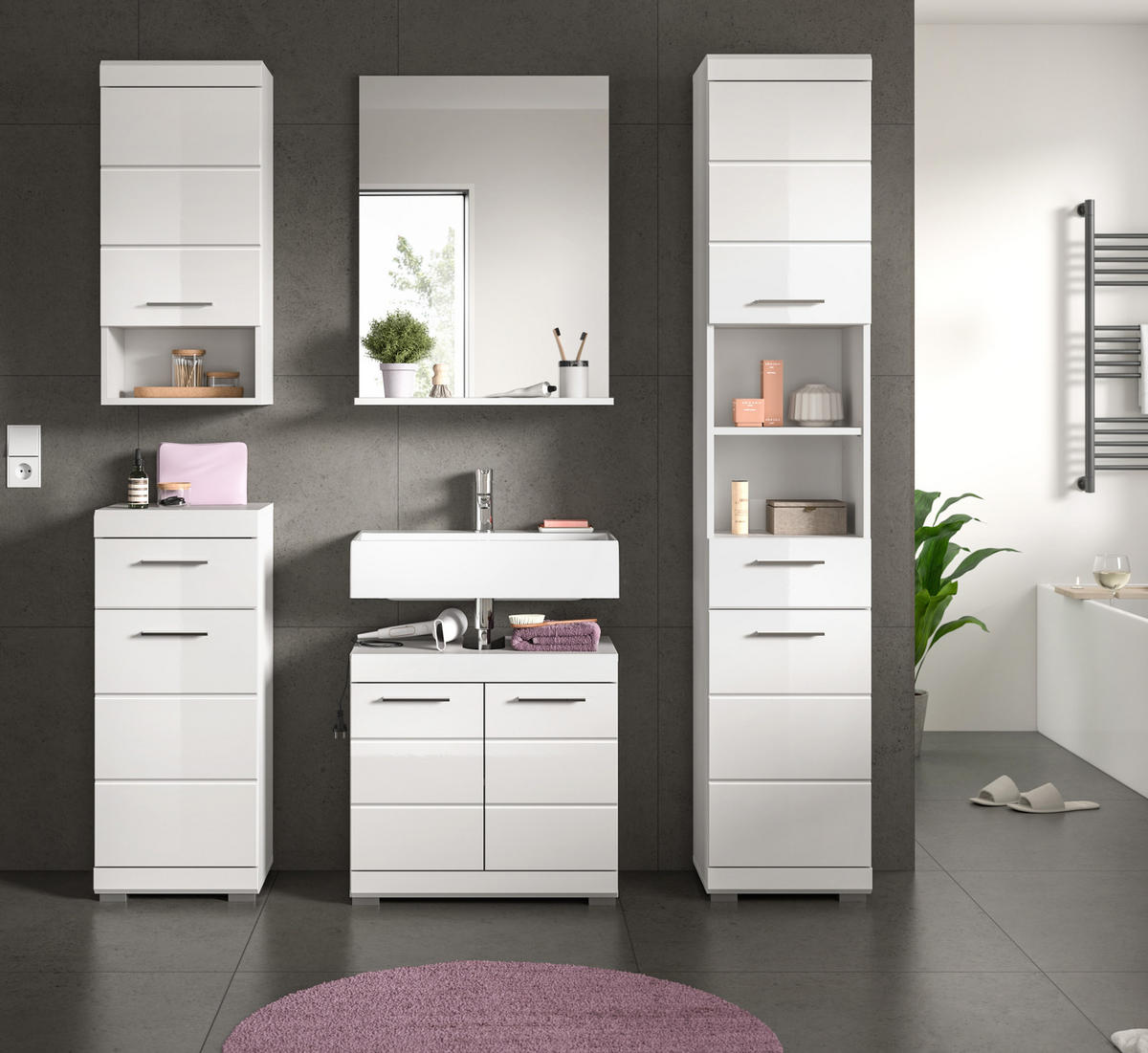 BADMÖBEL-SET weiß Hochglanz 5-teilig 164 cm, Komplettset mit viel Stauraum - Weiß Hochglanz, Glas/Holzwerkstoff (164/191/34cm) - Inn.Furn