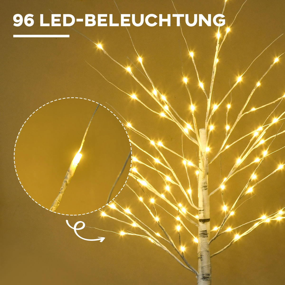 180 cm Kunstbirke Kunstbaum mit LED-Beleuchtung für Weihnachten Ostern Warmweiß - Weiß, Kunststoff (22/22/180cm) - HOMCOM