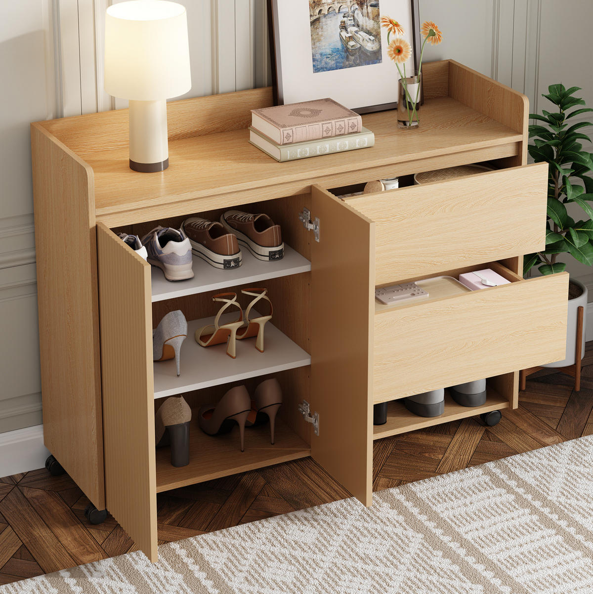SCHUHSCHRANK 110/35/86 cm in Natur mit Rollen, Schubladen und offenen Fächern - Naturfarben, Holzwerkstoff (110/86/35cm) - Flora Grace