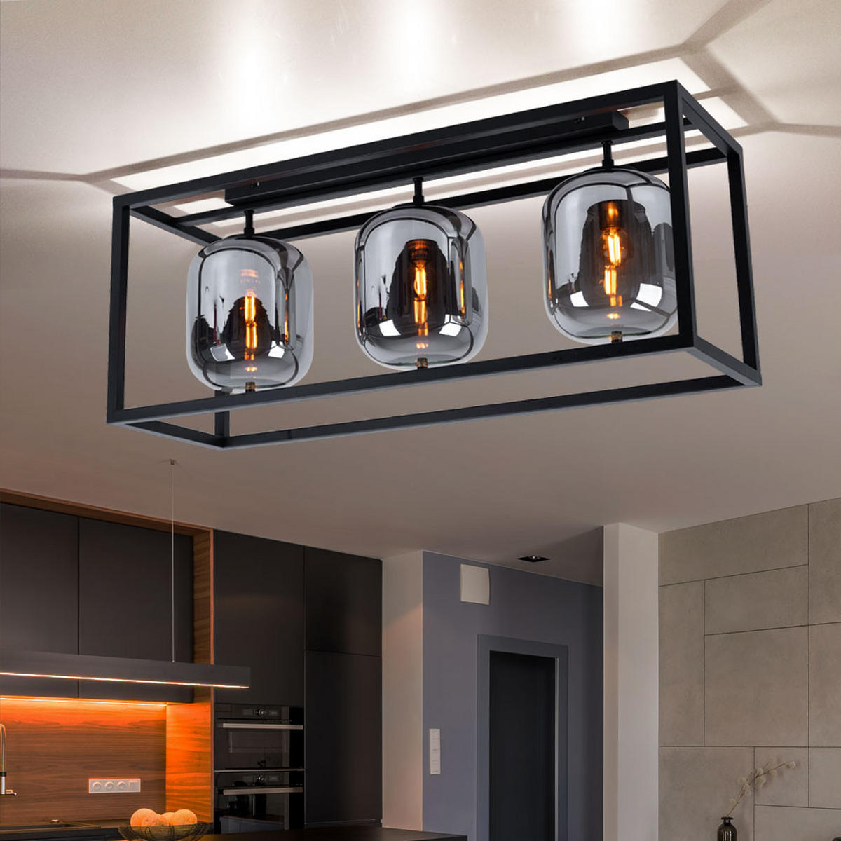 LED DECKENLEUCHTE BLACKY Metall Schwarz Glas - Schwarz, Holz (77.5/25/32.5cm) - Globo Lighting