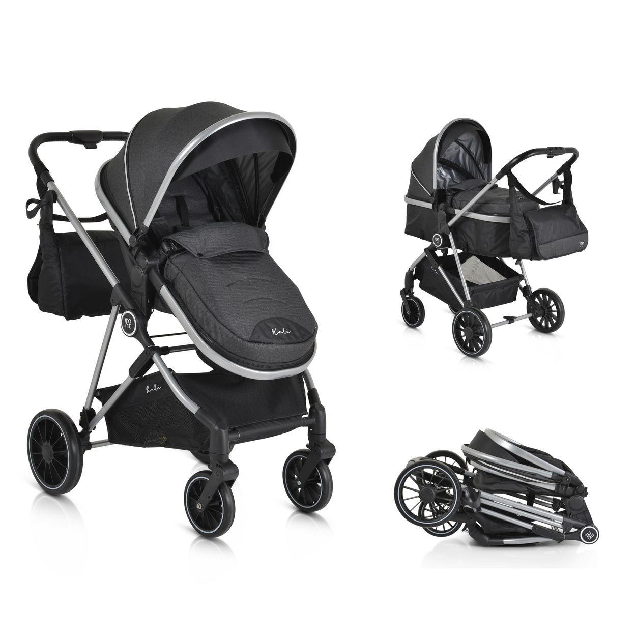 KINDERWAGEN 2 in 1 Kali schwarz umbaubar, Korb, Getränkehalter, Tasche - Schwarz, Metall (77/58/109cm) - Moni