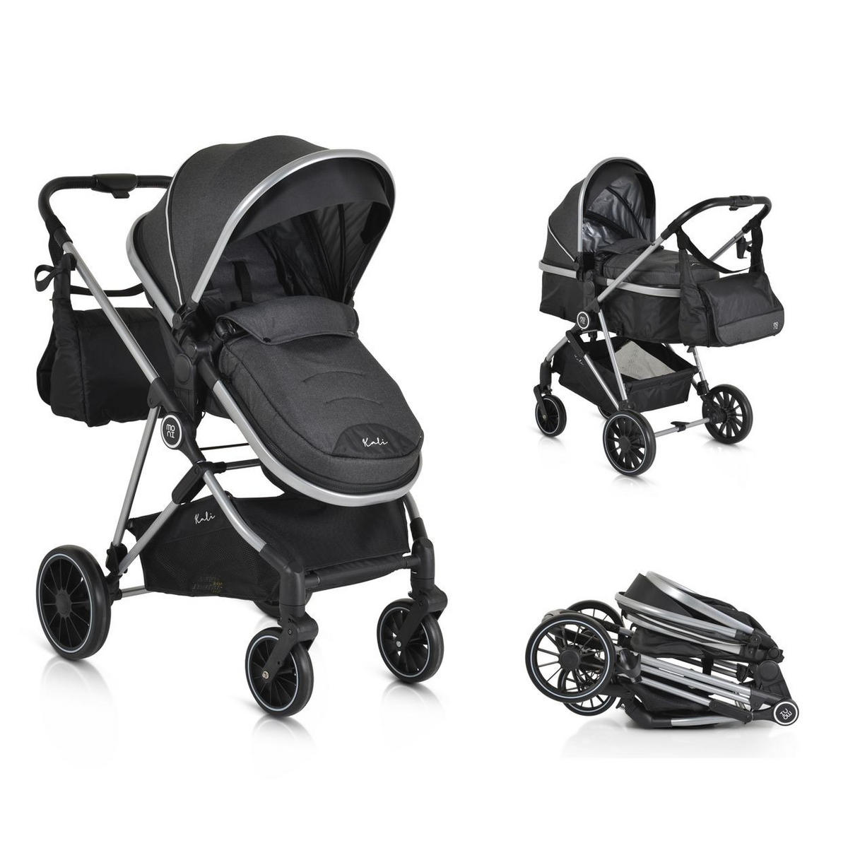 KINDERWAGEN 2 in 1 Kali schwarz umbaubar, Korb, Getränkehalter, Tasche - Schwarz, Metall (77/58/109cm) - Moni