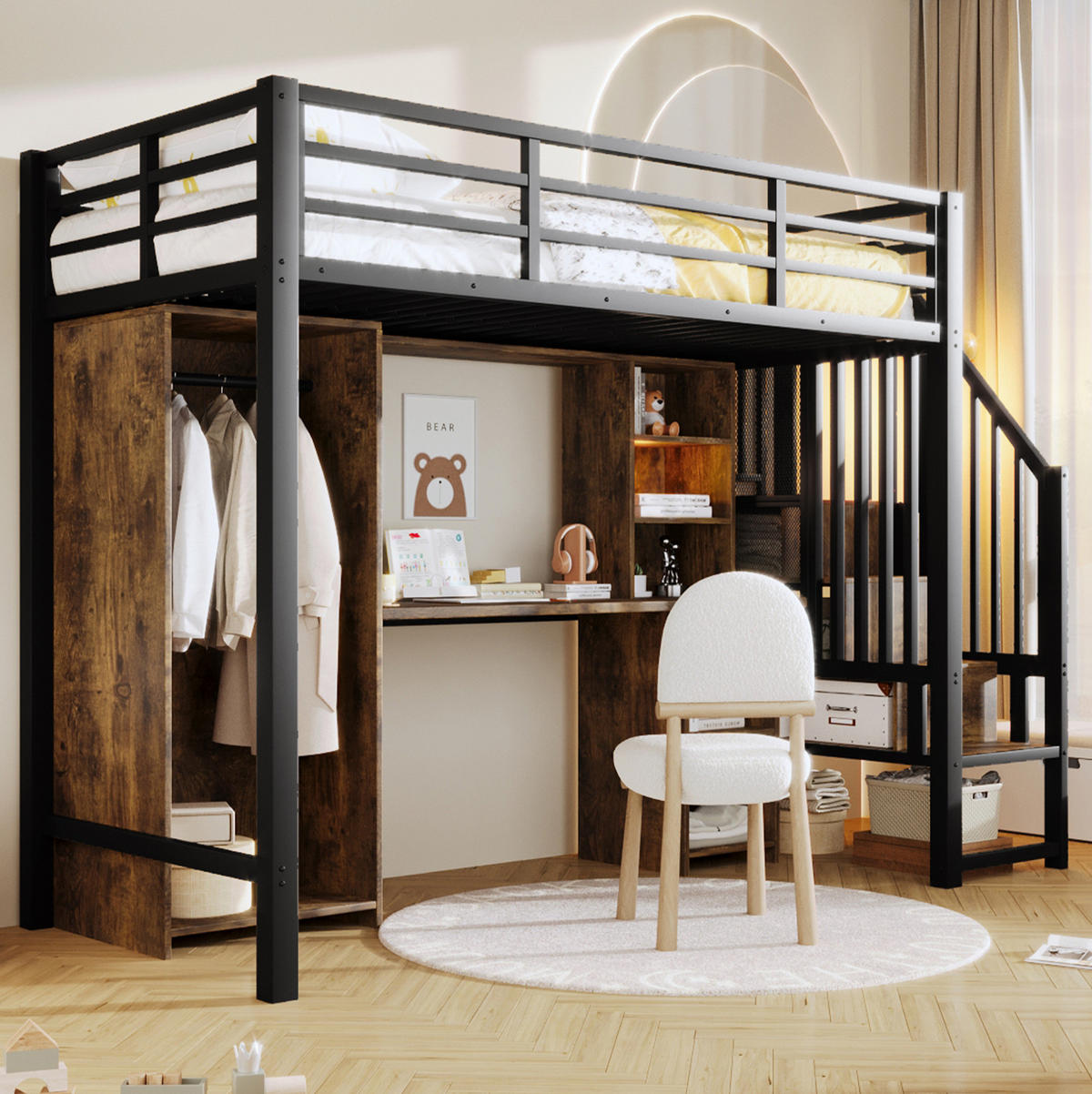 HOCHBETT 90/200 cm in Schwarz mit Kleiderschrank, Schreibtisch und Stauraum - Schwarz, Metall (90/200cm) - Flora Grace