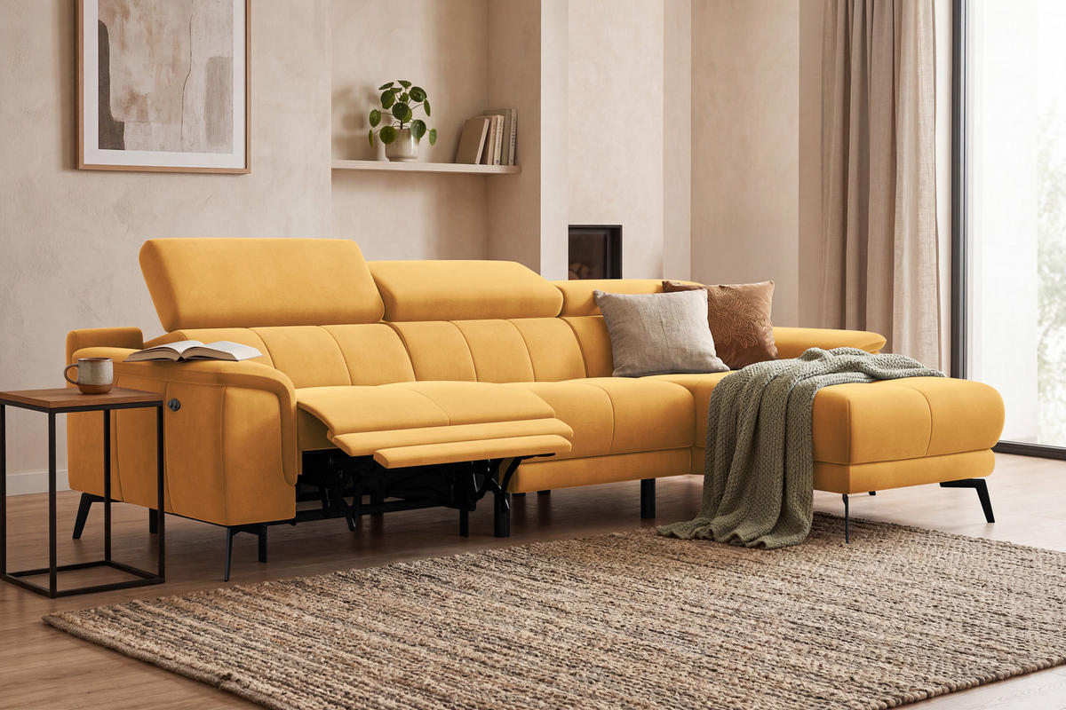 ECKSOFA FIERO 4-Sitzer RECHTS, Gelber Veloursstoff - Gelb/Schwarz, Holz/Textil (288/170cm) - Courtois Laville