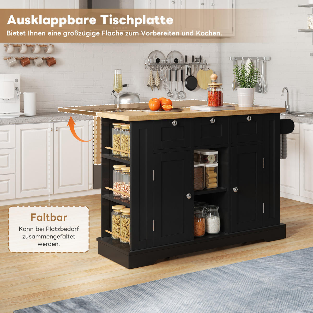 KÜCHENINSEL 132x70x87cm Schwarz Spanplatte mit Steckdose,Ausziehplatte & Rollen - Schwarz, Holzwerkstoff (132/87/70cm) - Modfu