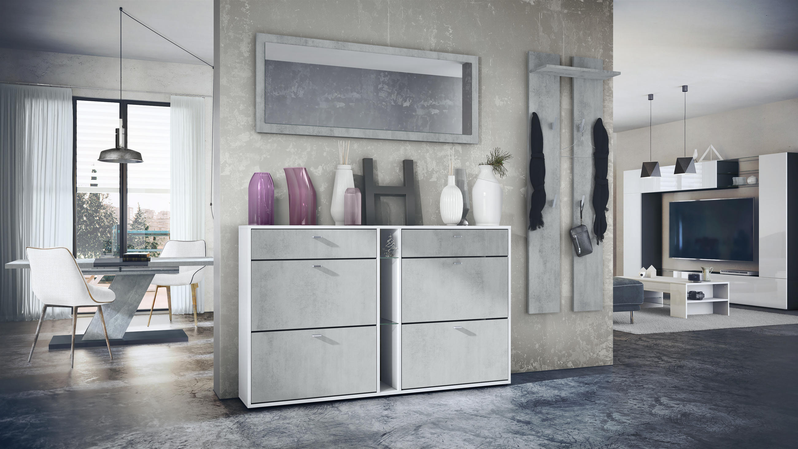 GARDEROBE Orlando Beton Oxid Optik - Hellgrau, Holzwerkstoff (215/210/28cm) - Vladon
