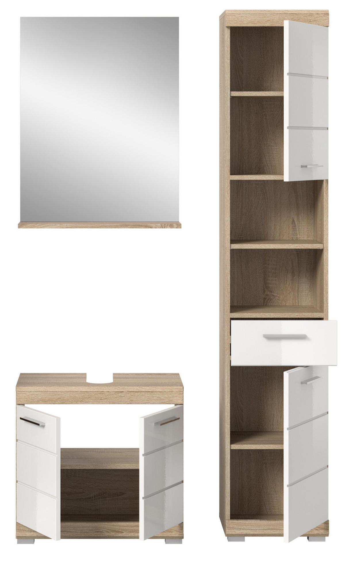 BADMÖBEL-SET weiß Hochglanz, Eiche 3-teilig 112 cm mit viel Stauraum - Weiß Hochglanz/Eichefarben, Holzwerkstoff (112/191/34cm) - Inn.Furn