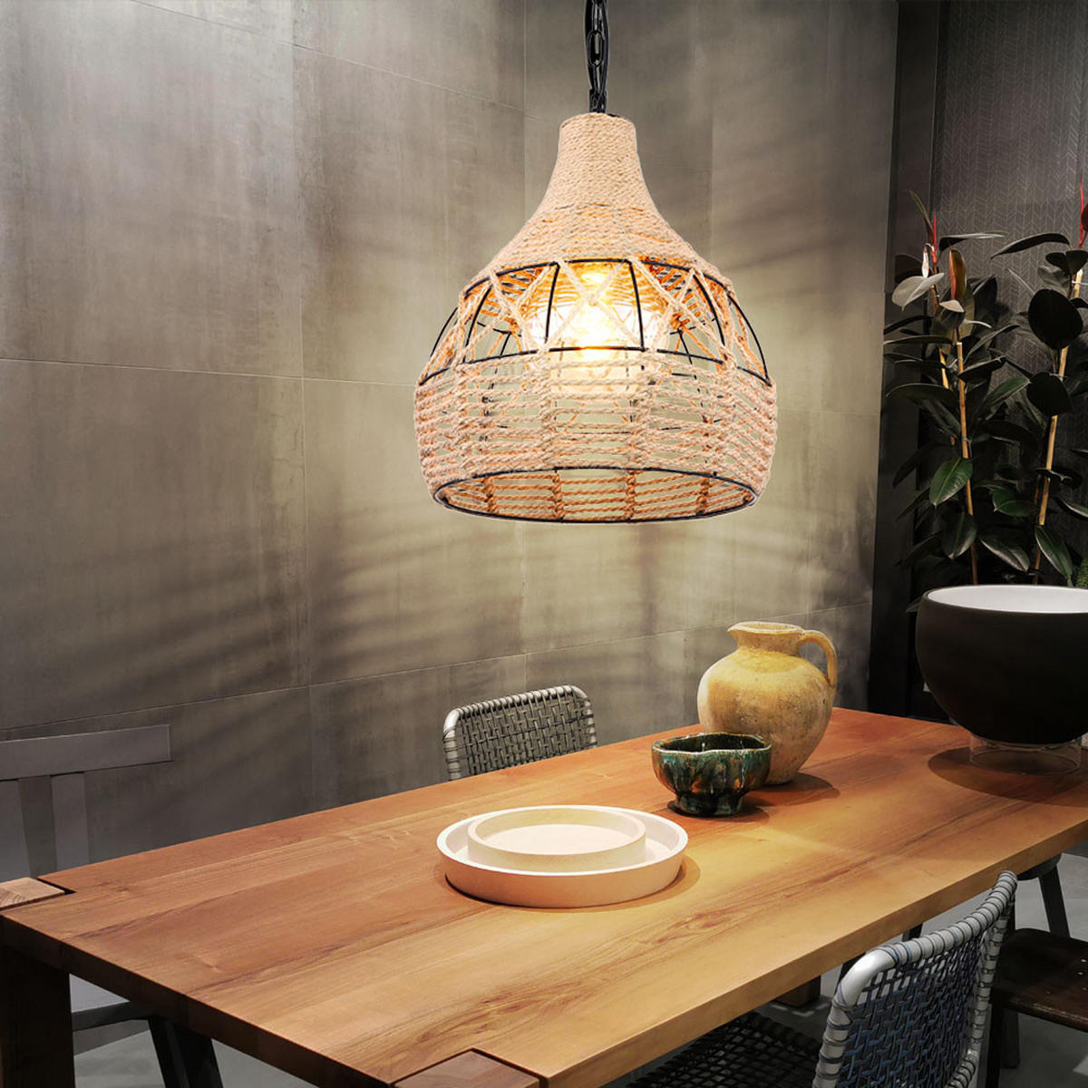 HÄNGELEUCHTE Hanfseil Braun Gitteroptik - Braun, Metall (30/30/135cm) - Globo Lighting