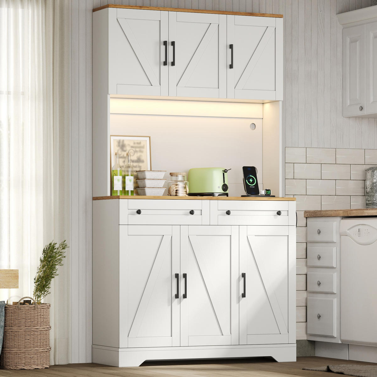 BUFFET DE-38733 100/40/180 cm LED-Beleuchtung und ausziehbarer Organizer Weiß - Weiß, Holzwerkstoff (100/180/40cm) - ComfortXL
