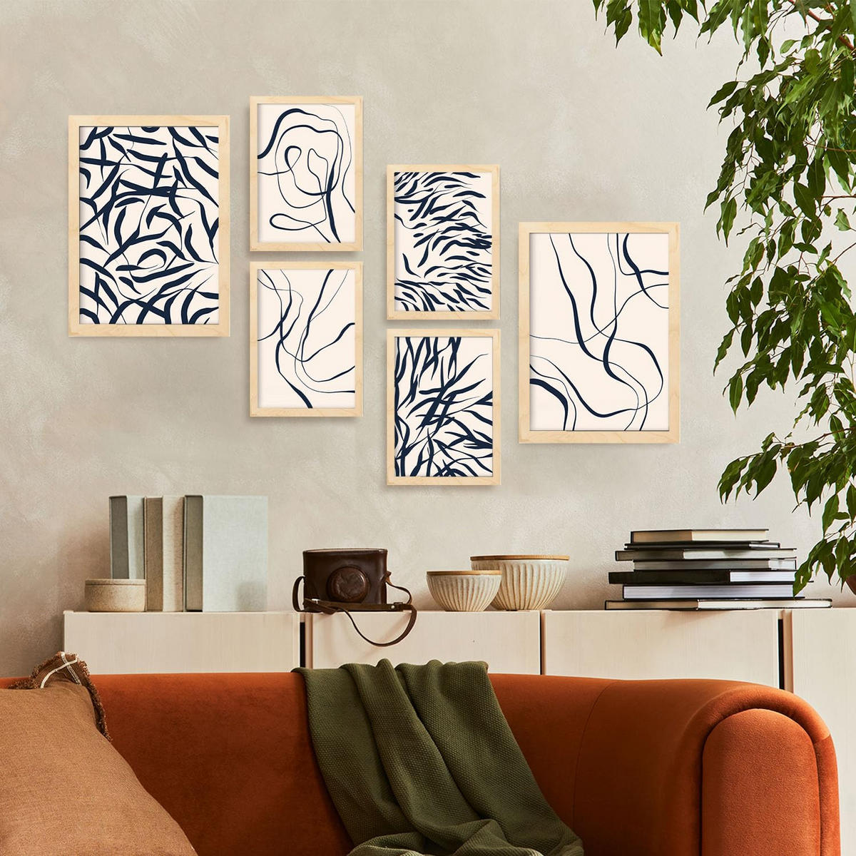 POSTER Set Mit 6 Formabstrakte Ästhetische Dekobilder Für Ihr Wohnzimmer, Schlafzimmer Oder Zuhause A3 & A4 Rahmen Aus Hellem Holz - Beige, Papier (29/3cm) - Nacnic