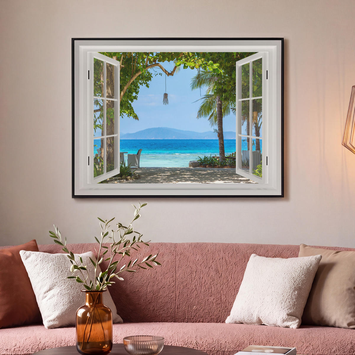 LEINWAND Bilder mit Rahmen - Aussicht - Baum - Meer - Palme - Hügel - Strand - Blau - 100x70 - Blau, Textil (100/70cm) - MuchoWow