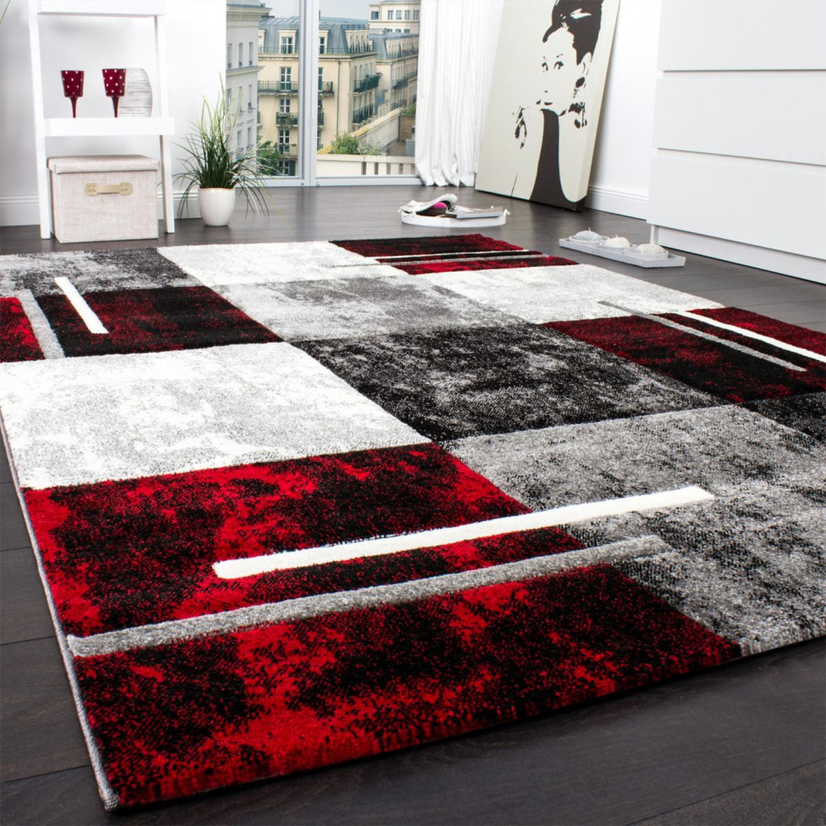KURZFLOR-TEPPICH DIAMOND 663 GRAU-ROT 80X150 - Dunkelrot, Kunststoff (80/150cm) - Paco Home