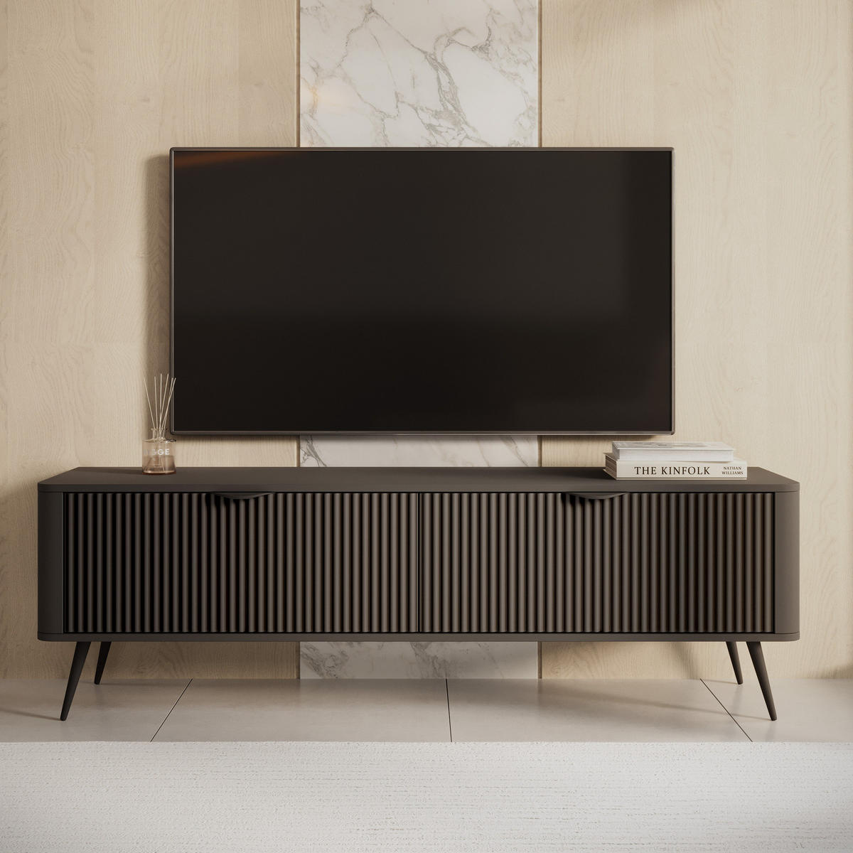 TV-LOWBOARD Flore 163 cm Schwarz - mit geriffelten Fronten - 2 Türen - Schwarz, Holz/Holzwerkstoff (163/51/38cm) - Ravio