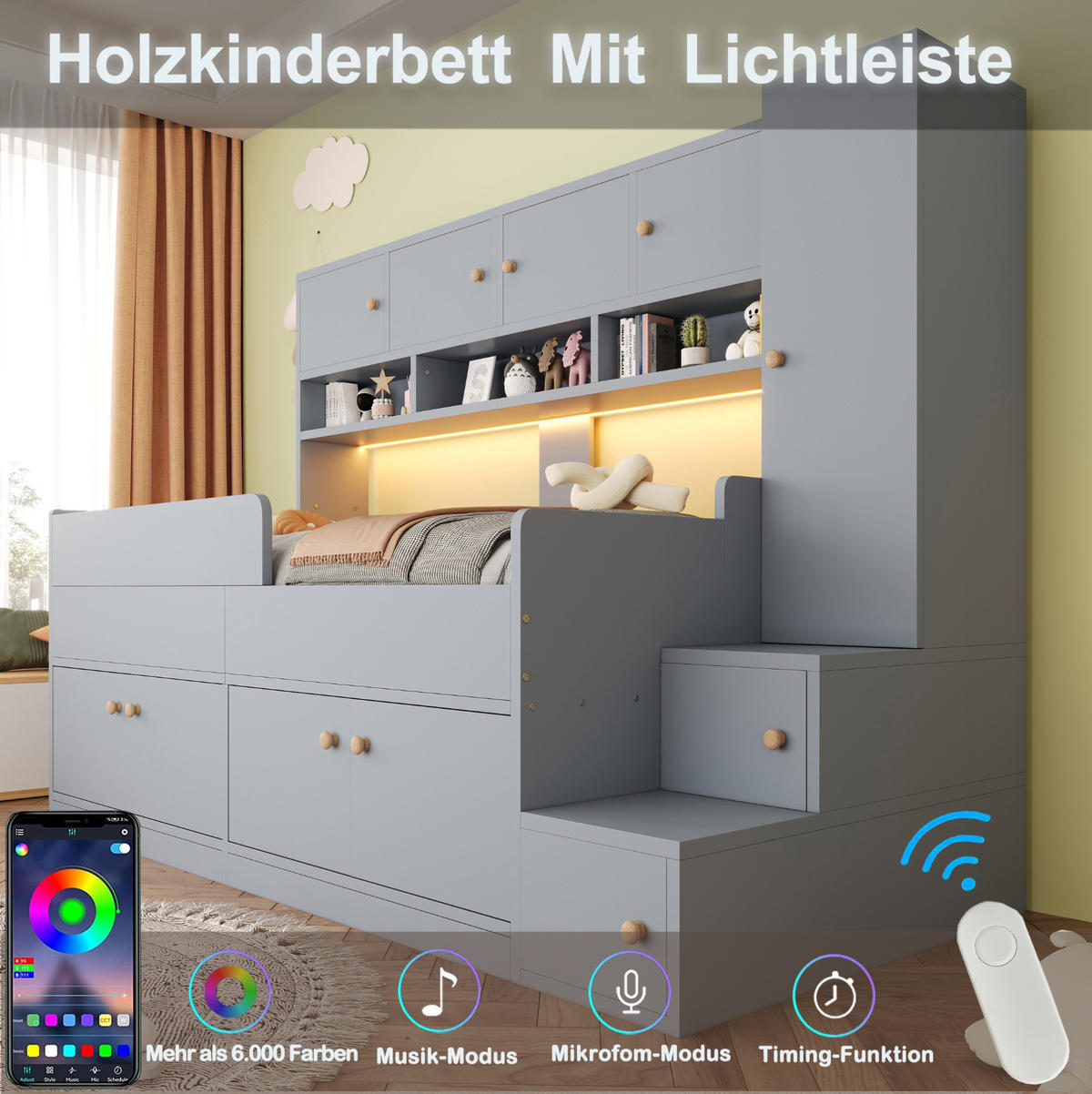 KINDERBETT Holz 90x200 cm Grau mit Stauraum, Leiter, Kleiderschrank und LED-Beleuchtung - Grau, Holz (90/200cm) - Modfu