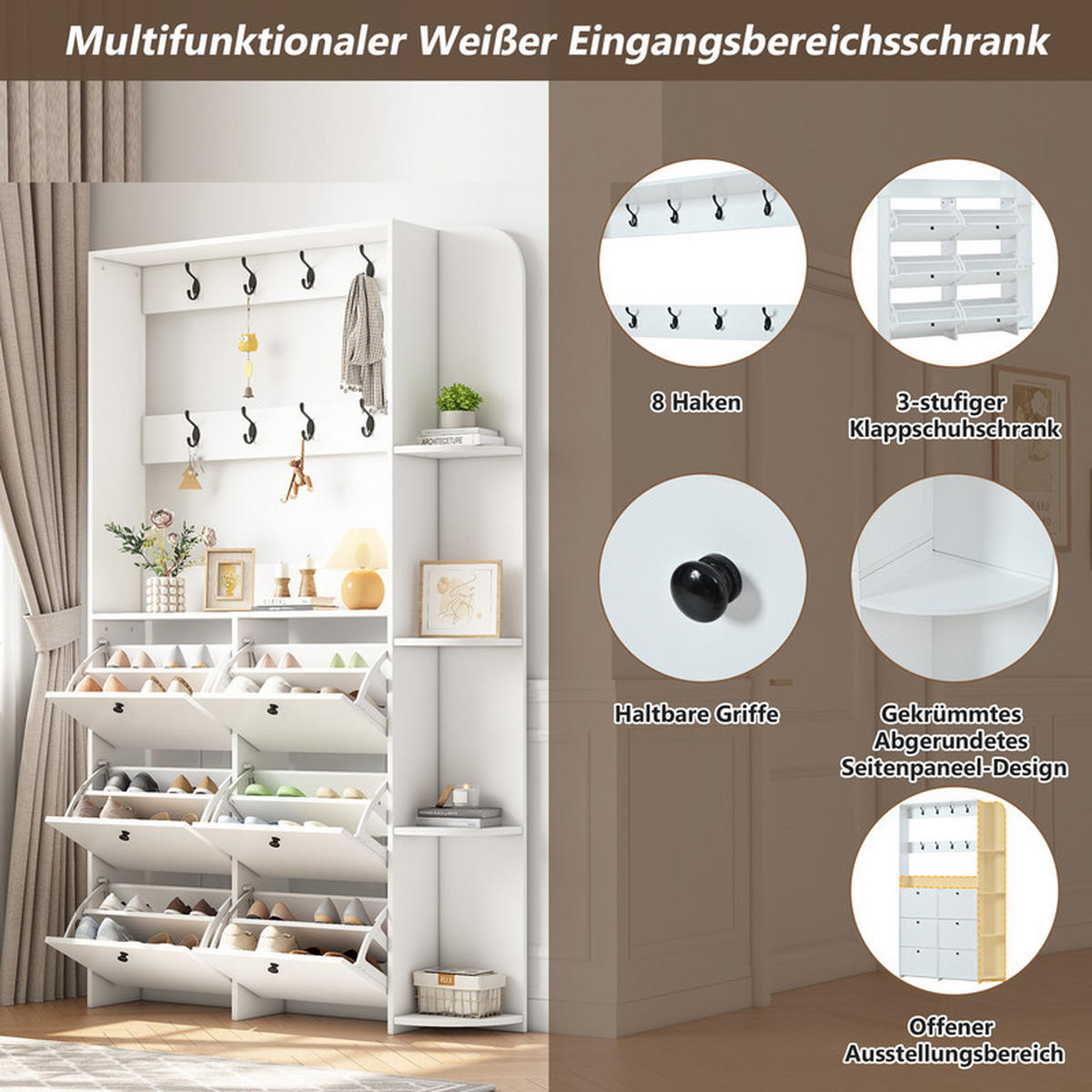 GARDEROBEN-SET mit Schuhschrank und 8 Haken 120x24x200 cm - Weiß, Holzwerkstoff (24/200/120cm) - Fuleadture