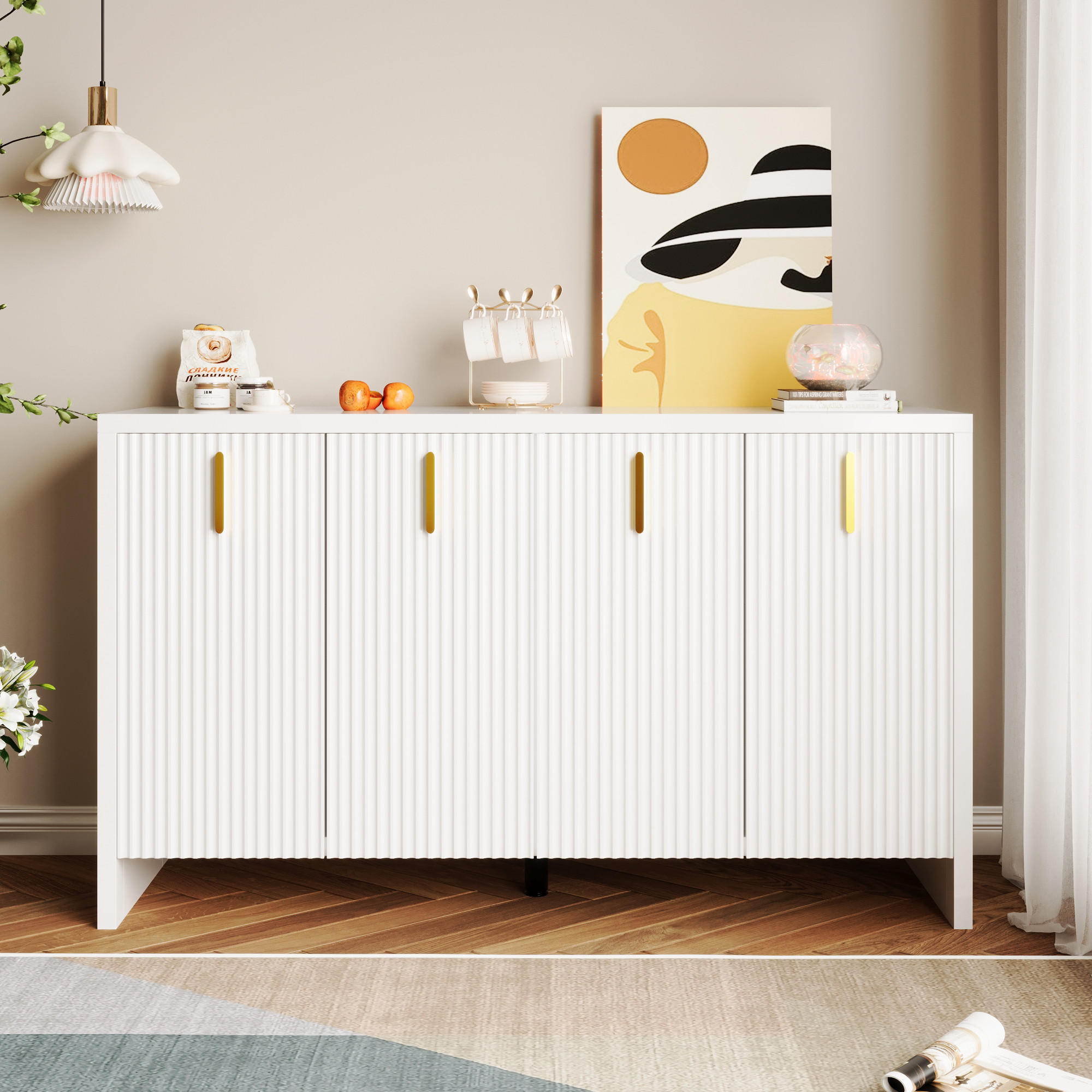SIDEBOARD weiß Goldgriffe verstellbar - Weiß, Holzwerkstoff (140/80/38cm) - LEBENLANG
