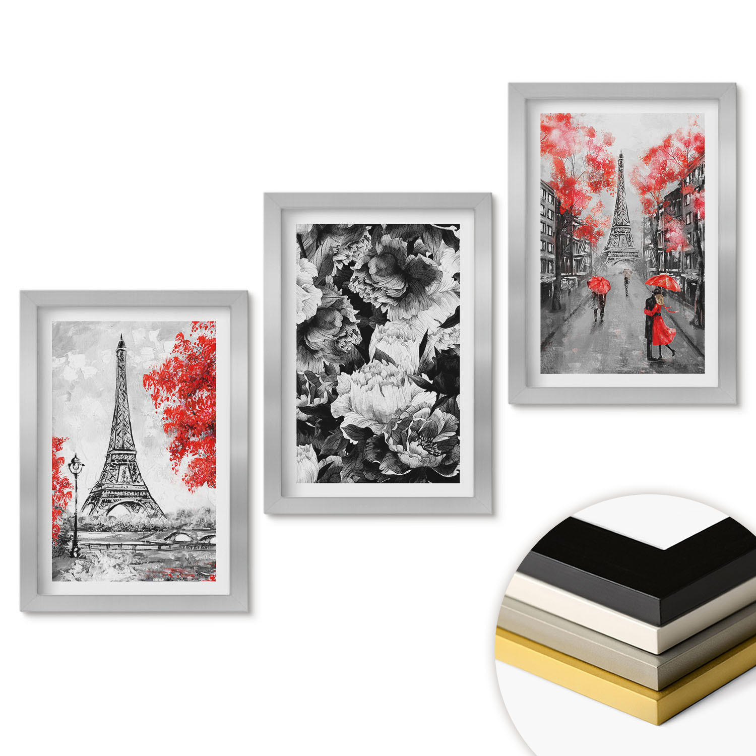 WANDBILDER 3er Set - 20x30 cm Silberner Rahmen - graue Gemälde des Eiffelturms - Silberfarben, Kunststoff (20/30cm) - ArtPrintCave